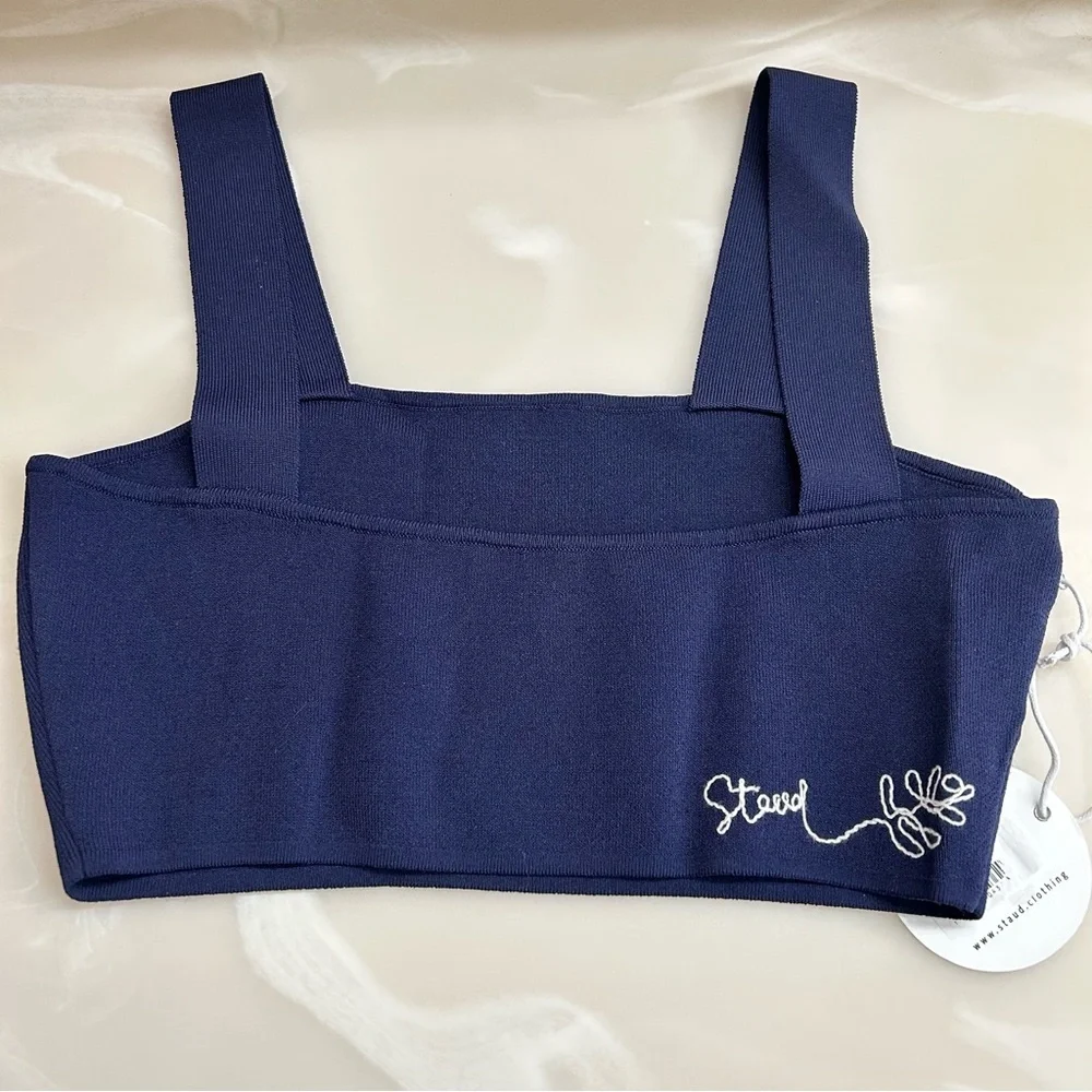NWT Staud Zola Knit Crop Top Navy Blue & White Embroidered Logo Size Large